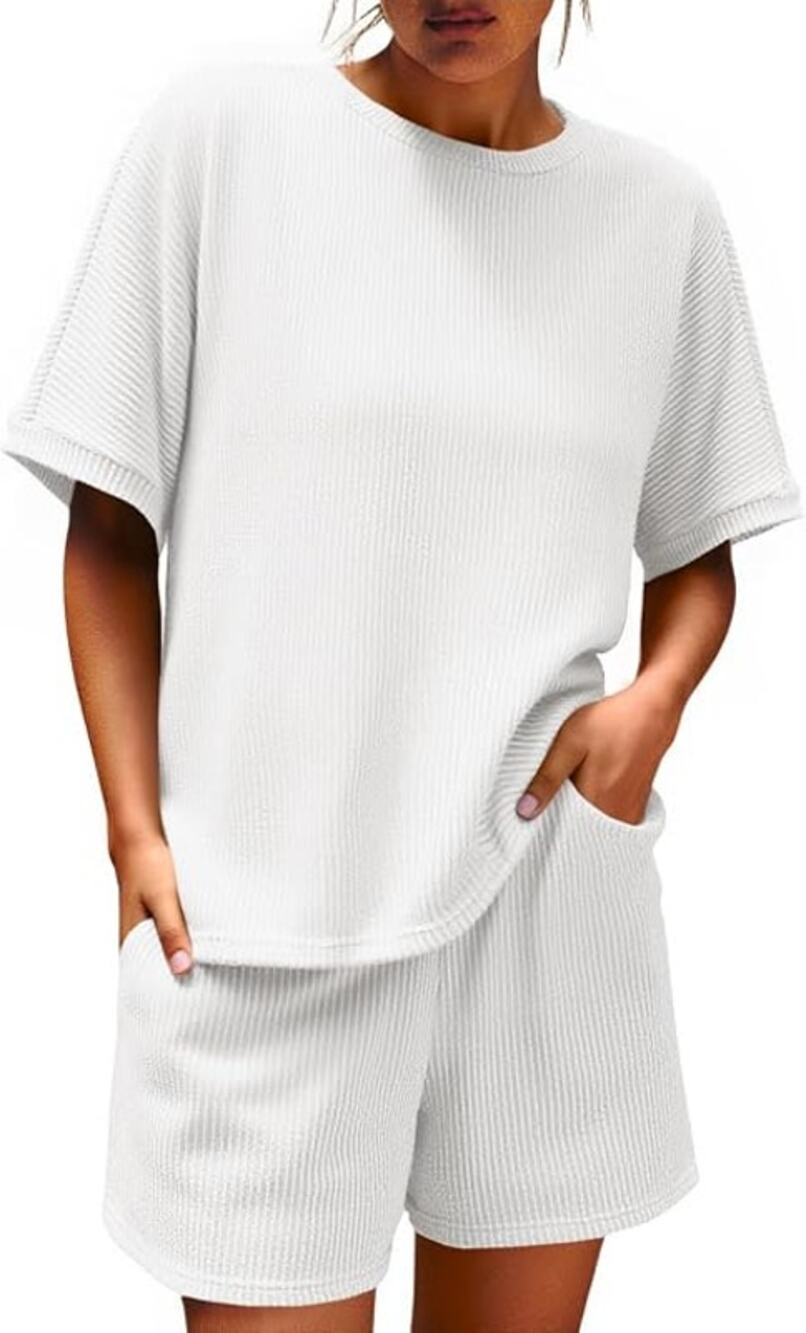 Imily Bela Womens White Ribbed 2 Piece Shorts Set Oversized Casual Lounge Outfit